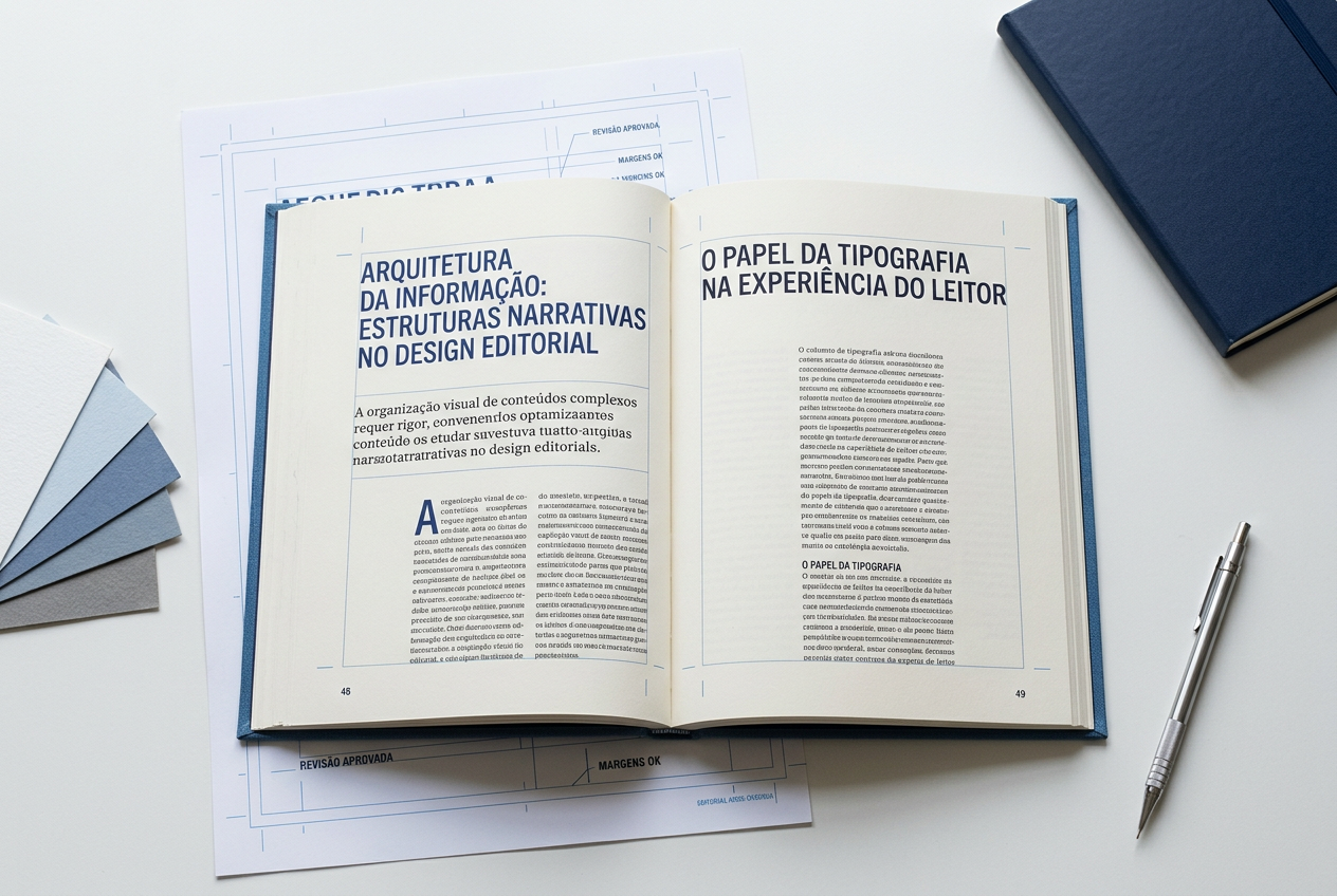 Composição ilustrativa gerada por IA: provas de diagramação, amostras de papel e livro aberto sobre mesa editorial.